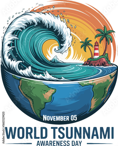 World Tsunami Awareness Day: Giant Wave Crashing Over Earth with Lighthouse and Palm Trees
