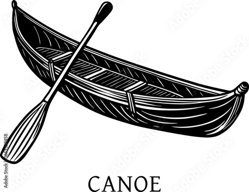 A canoe with wooden paddles, isolated on white Background. canoe icon vector illustration in black and white