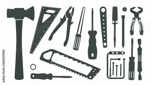 Illustration of various hand tools including a hammer saws screwdrivers and pliers in black silhouette
