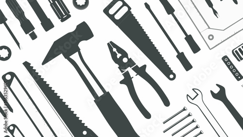 Silhouette illustration of various hand tools including saws hammer and screwdrivers and wrenches
