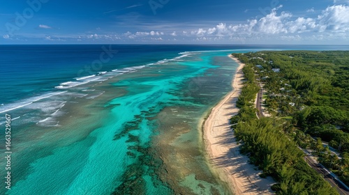aerial view of cayman islands seven mile beach with ocean and forest
