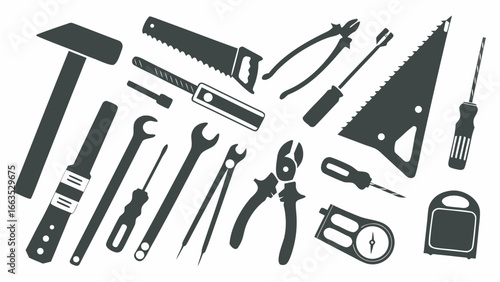 Collection of various tools including saws screwdrivers wrenches pliers and a measuring tape displayed