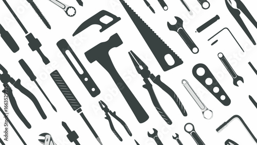 Illustration showing a variety of hand tools including screwdrivers wrenches pliers and a hammer scattered around