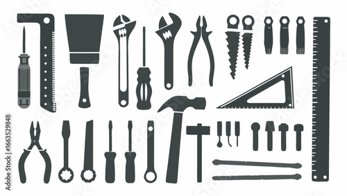 Illustration of various construction and repair tools including screwdrivers and wrenches and saws and hammers