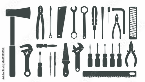 Illustration showing a collection of various hand tools including wrenches and screwdrivers and pliers too
