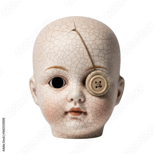 Creepy antique doll head with cracked porcelain and button eye in close-up studio shot transparent background