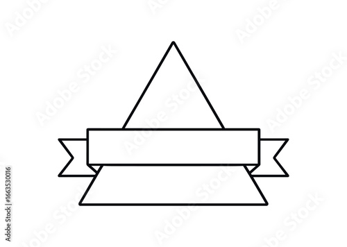 minimalist outline vector triangular badge with banner ribbon isolated on white