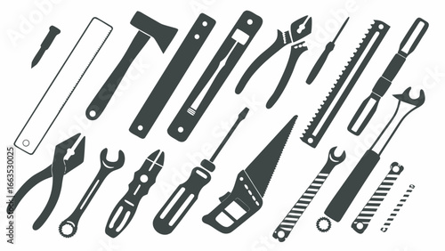 Illustration of various hand tools including saws, pliers, wrenches and screwdrivers