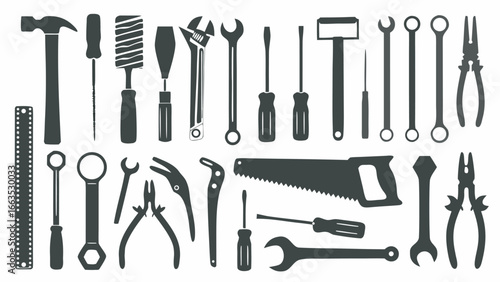 Illustration of various hand tools including screwdrivers wrenches pliers and a saw displayed in silhouette
