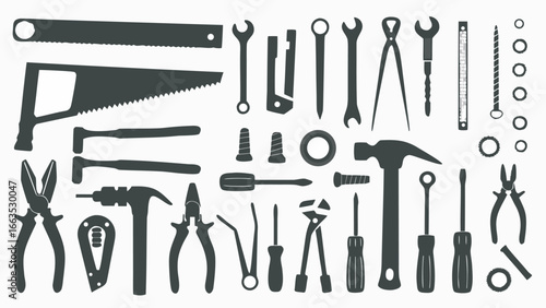 Illustration showcasing a variety of hand tools including wrenches, hammers and pliers in silhouette