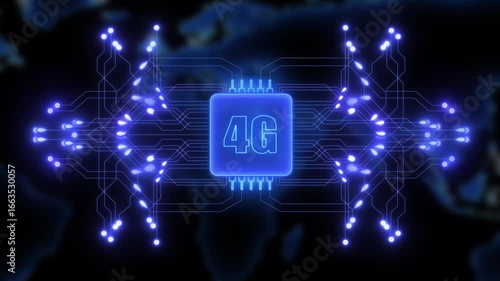 Wallpaper Mural 4G Microchip Technology Background. Glowing circuit board Technology chip with 4G processor background glowing animation. Digital pulses and signals from the chip propagate through the motherboard. Torontodigital.ca