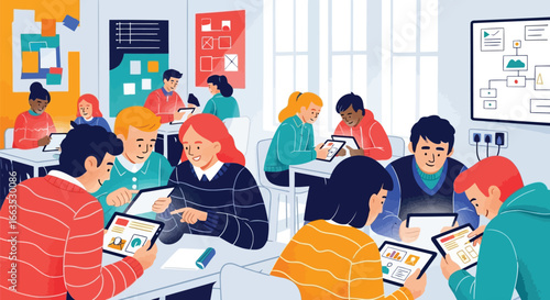 Computer classroom and devices students learning with tablets in class