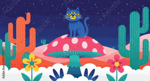 Computer classroom and devices blue cat on mushroom in desert