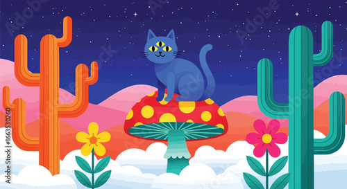 Computer classroom and devices blue cat on mushroom in desert