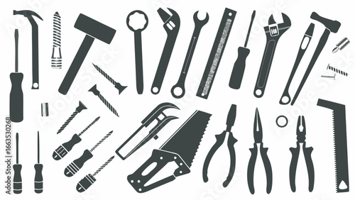 Illustration of various tools including wrenches, screwdrivers, hammers, pliers, and saws on white backdrop