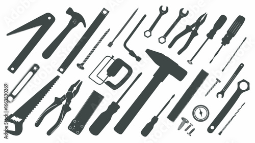 Illustration showing various hand tools including hammers screwdrivers wrenches and saws in black silhouette