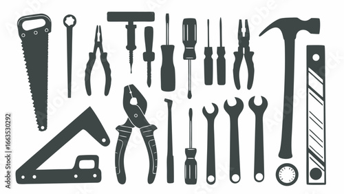 Illustration of various hand tools including screwdrivers wrenches pliers hammer saw and other tools in black