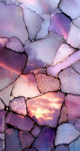 Abstract fractured stone, purple, pink, gold, sunset