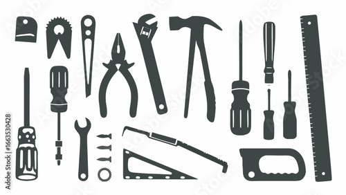 Illustration of various hand tools including screwdrivers hammer wrench and ruler in a monochrome style