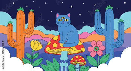 Computer classroom and devices surreal cat on mushroom