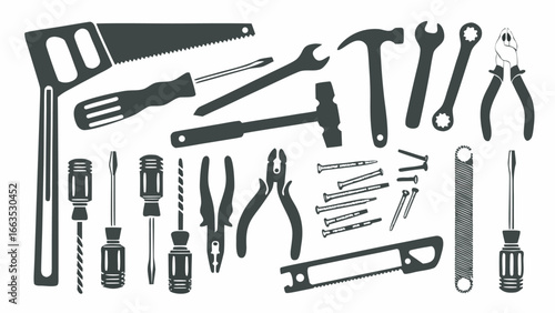 An assortment of various tools including saws screwdrivers hammers wrenches and pliers are displayed here