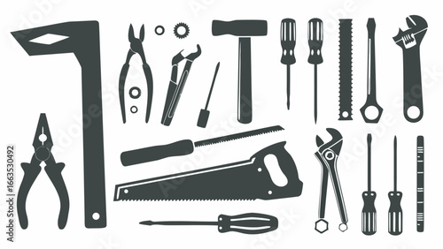 Illustration of assorted hand tools including screwdrivers wrenches pliers and saws arranged together nicely