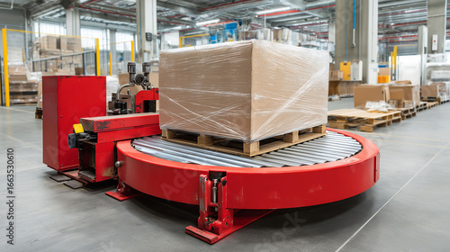 A turntable stretch wrapping machine, actively wrapping a cardboard package with transparent stretch film in an industrial warehouse. Pallet wrapping machine
