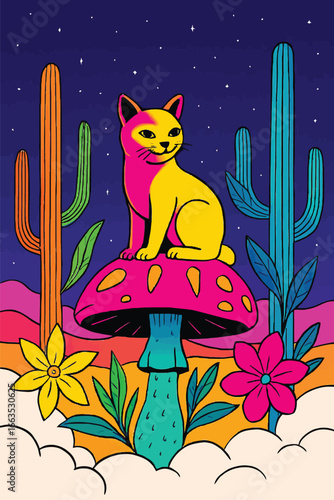 Computer classroom and devices cat on mushroom in desert night