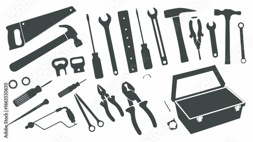 Illustration of various hand tools including wrenches, screwdrivers, pliers, and a toolbox in black silhouette