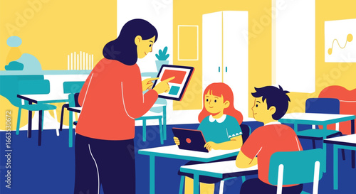 Computer classroom and devices teacher with students in classroom