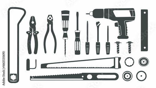 Illustration of various hand tools including screwdrivers pliers saws and drill in a monochrome style