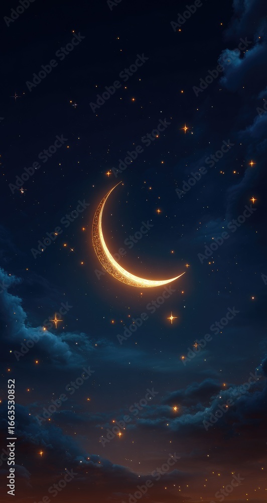 Naklejka premium Crescent moon, starry night sky