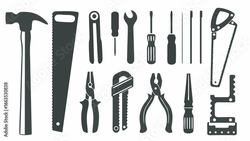 Illustration of various hand tools including a hammer saw pliers and screwdrivers in black silhouette