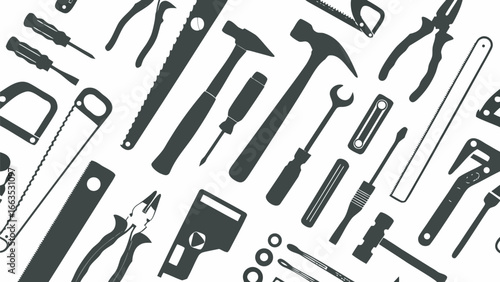 Illustration of various hand tools including hammers screwdrivers and saws on a white background