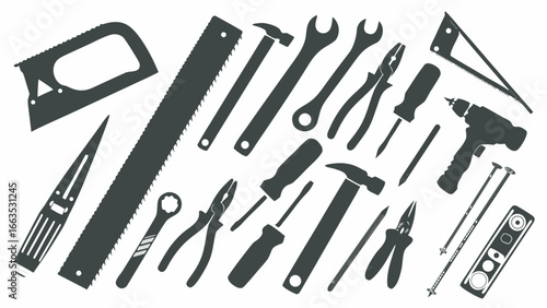 Illustration of various hand tools including saws hammers wrenches pliers screwdrivers and a drill isolated