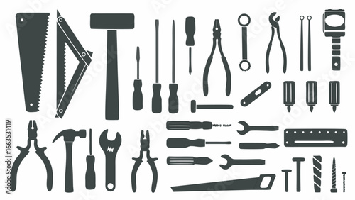 Illustration of various hand tools including saws hammers wrenches and screwdrivers in a flat style design