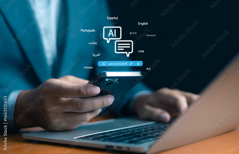 Businessman using smartphone with AI assistant and multilingual chat icon, representing artificial intelligence, virtual assistant, translation technology, digital communication, global. Businessman using smartphone with AI assistant and multilingual chat icon, representing artificial intelligence, virtual assistant, translation technology, digital communication, global.