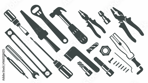 Illustration of various hand tools including screwdrivers pliers wrench hammer and saws on a white background