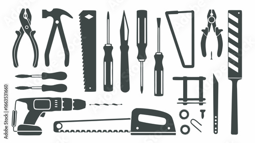 Illustration of various tools including screwdrivers pliers hammer drill saw and other workshop equipment