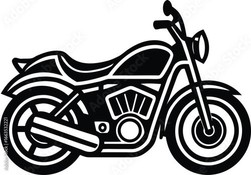 Illustration of a black and white motorcycle with detailed design and visible components shown clearly