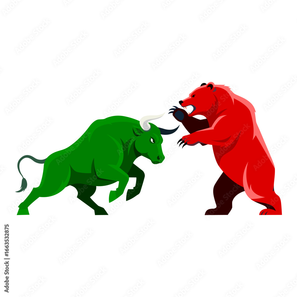 Fototapeta premium A flat vector illustration of a green bull and a red bear facing each other, ready to fight. This depicts stock market trends. Vector illustration.