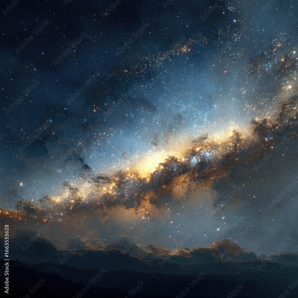 Fototapeta premium Starry expanse of nebulae over a horizon of cosmic clouds