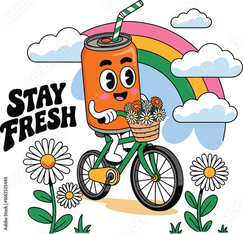 Cartoon soda can riding bicycle, flower basket, rainbow background, stay fresh text, cute character, summer vibe, cheerful scene, colorful design