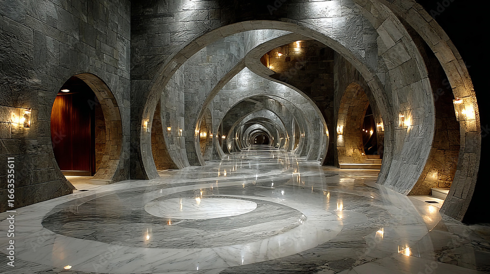 Fototapeta premium 3d rendering. Corridor made of light marble with spiral walls stretching into the distance.