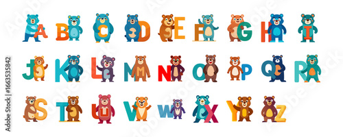 Playful Bear Alphabet Characters A to Z Vector Set for Kids, Cute Cartoon Animal Letters, Children Book Illustration Graphics