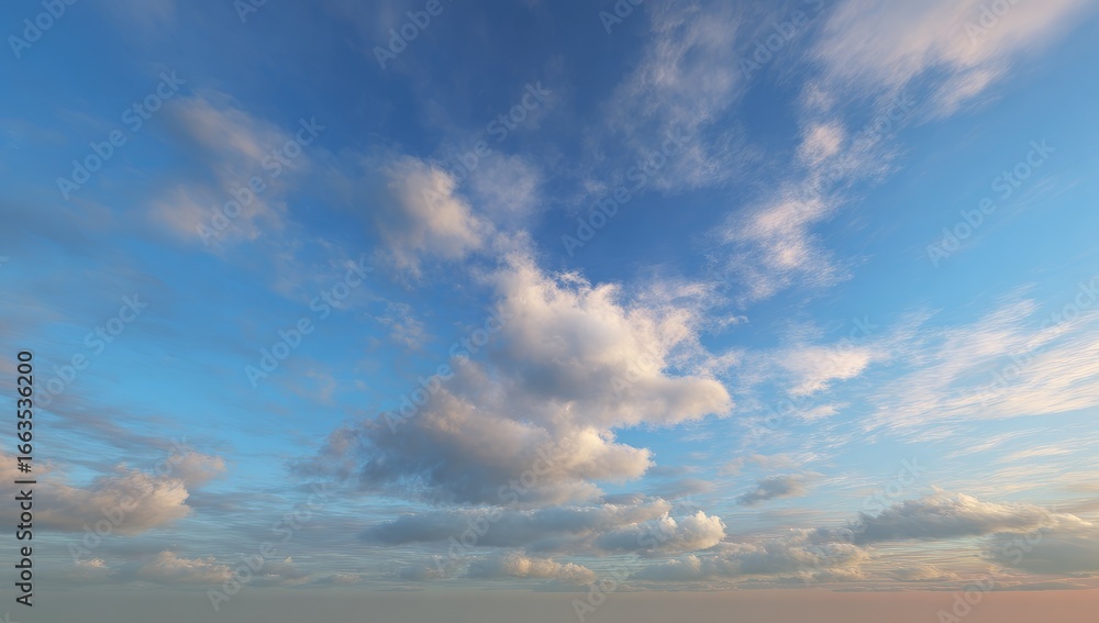 Obraz premium A vast expanse of a light blue sky dotted with fluffy, scattered clouds of varying shades of white and gray. Soft, pastel hues of peach and light orange at the horizon
