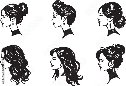 Black and White Vector of Various Female Hairstyles

