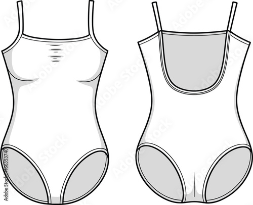 CAD drawing flat vector illustration of one-piece swimsuit design, front and back view fashion sketch, structured swimwear layout, stylish garment template, summer wear technical mockup