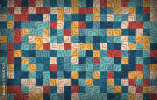 Abstract Geometric Pattern in Bauhaus Style – Colorful Modern Vector Design. Retro Colors from the 1970s 1980s, 70s, 80s, 90s. Grunge scratch 70s style stripes background poster lines. Old photo grain