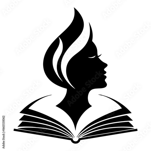 icon logo ui ux woman with book,Illuminated Wisdom: Profile and Book Fusion